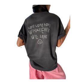 Trendseninle Love Love Love Baskılı Füme Oversize Kadın T-shirt