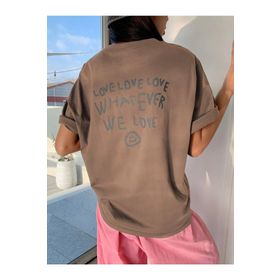 Trendseninle Love Love Love Baskılı Kahverengi Oversize Kadın T-shirt
