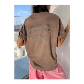 Trendseninle Love Love Love Baskılı Kahverengi Oversize Kadın T-shirt