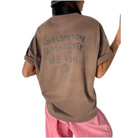 Trendseninle Love Love Love Baskılı Kahverengi Oversize Kadın T-shirt