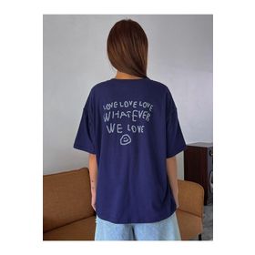 Trendseninle Love Love Love Baskılı Lacivert Oversize Kadın T-shirt