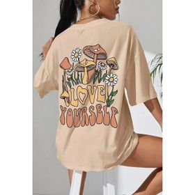 Trendseninle Love Yourself Baskılı Bej Oversize Kadın T-shirt