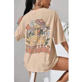 Trendseninle Love Yourself Baskılı Bej Oversize Kadın T-shirt
