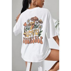 Trendseninle Love Yourself Baskılı Beyaz Oversize Kadın T-shirt