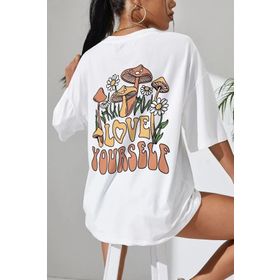Trendseninle Love Yourself Baskılı Beyaz Oversize Kadın T-shirt