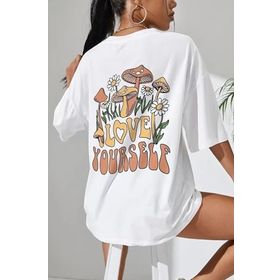 Trendseninle Love Yourself Baskılı Beyaz Oversize Kadın T-shirt
