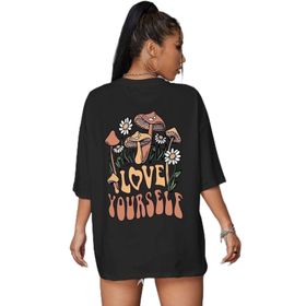 Trendseninle Love Yourself Baskılı Siyah Oversize Kadın T-shirt
