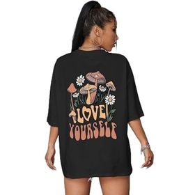 Trendseninle Love Yourself Baskılı Siyah Oversize Kadın T-shirt