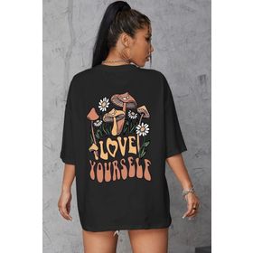 Trendseninle Love Yourself Baskılı Siyah Oversize Kadın T-shirt