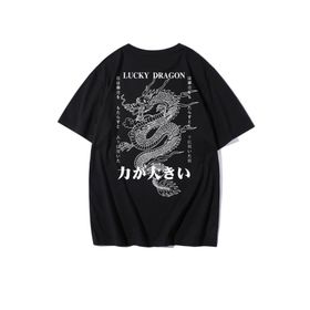 Trendseninle Lucky Dragon Baskılı Siyah Gri Oversize Erkek T-shirt