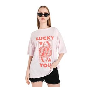 Trendseninle Lucky You Baskılı Pudra Pembe Oversize Kadın T-shirt
