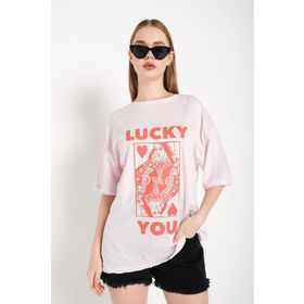 Trendseninle Lucky You Baskılı Pudra Pembe Oversize Kadın T-shirt