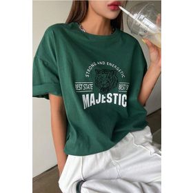 Trendseninle Majestic Nefti Yeşil Baskılı Bisiklet Yaka Oversize Kadın T-shirt