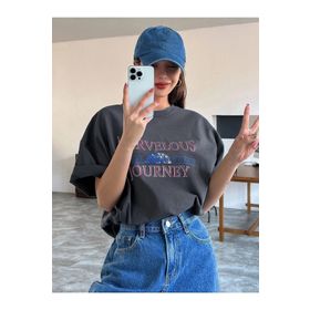 Trendseninle Marvelous Journey Baskılı Füme Oversize Kadın T-shirt