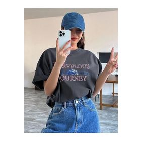 Trendseninle Marvelous Journey Baskılı Füme Oversize Kadın T-shirt