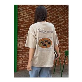 Trendseninle Mediterranean Baskılı Bej Oversize Kadın T-shirt
