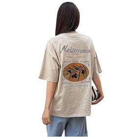 Trendseninle Mediterranean Baskılı Bej Oversize Kadın T-shirt