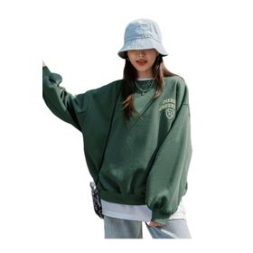 Trendseninle Merry Cheerful Baskılı Yeşil Oversize Bisiklet Yaka Kadın Sweatshirt
