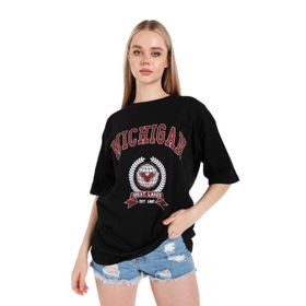 Trendseninle Michigan Kartal Baskılı Siyah Oversize Kadın T-shirt