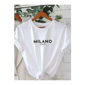 Trendseninle Milano Baskılı Beyaz Oversize Kadın T-shirt