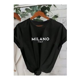 Trendseninle Milano Baskılı Siyah Oversize Kadın T-shirt