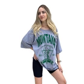 Trendseninle Montana Baskılı Oversize Gri Oversize Kadın T-shirt