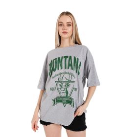Trendseninle Montana Baskılı Oversize Gri Oversize Kadın T-shirt