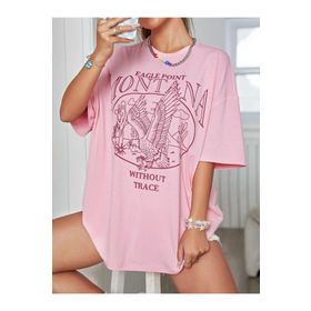 Trendseninle Montana Eagle Point Baskılı Pudra Pembe Oversize Kadın T-shirt
