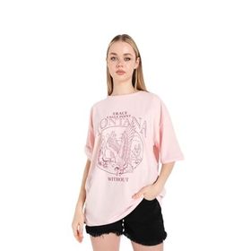 Trendseninle Montana Eagle Point Baskılı Pudra Pembe Oversize Kadın T-shirt