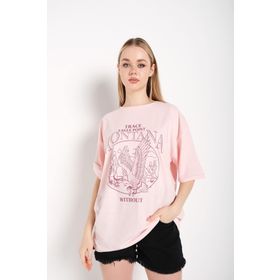 Trendseninle Montana Eagle Point Baskılı Pudra Pembe Oversize Kadın T-shirt