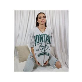 Trendseninle Montana Gri Bisiklet Yaka Yazılı Baskılı Oversize Kadın T-shirt