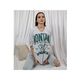 Trendseninle Montana Gri Bisiklet Yaka Yazılı Baskılı Oversize Kadın T-shirt