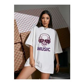 Trendseninle Music Ön Baskılı Beyaz Oversize Kadın T-shirt
