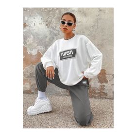 Trendseninle Nasa Baskılı Oversize Beyaz Füme Alt Üst Kadın Eşofman Takımı