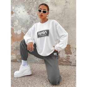Trendseninle Nasa Baskılı Oversize Beyaz Füme Alt Üst Kadın Eşofman Takımı