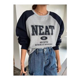 Trendseninle Neat 520 Baskılı Gri Oversize Kadın Sweatshirt