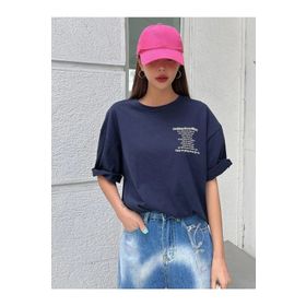 Trendseninle Nothing For Nothing Baskılı Lacivert Oversize Kadın T-shirt