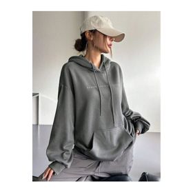 Trendseninle Number Baskılı Füme Boyamalı Gri Kapüşonlu Kadın Sweatshirt