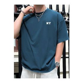 Trendseninle NY Baskılı Petrol Mavi Oversize Erkek T-shirt