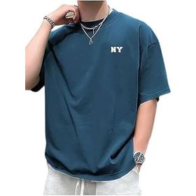 Trendseninle NY Baskılı Petrol Mavi Oversize Erkek T-shirt
