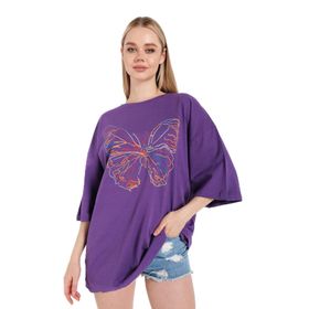 Trendseninle Ön Lazer Kelebek Baskılı Mor Oversize Kadın T-shirt