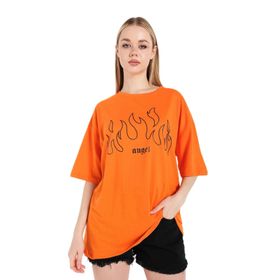Trendseninle Önü Alev Baskılı Turuncu Oversize Kadın T-shirt