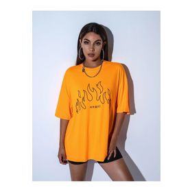 Trendseninle Önü Alev Baskılı Turuncu Oversize Kadın T-shirt