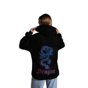 Trendseninle Önü Dragon Yazılı Sırt Dragon Baskılı Siyah Kapüşonlu Oversize Kadın Sweatshirt