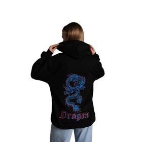 Trendseninle Önü Dragon Yazılı Sırt Dragon Baskılı Siyah Kapüşonlu Oversize Kadın Sweatshirt