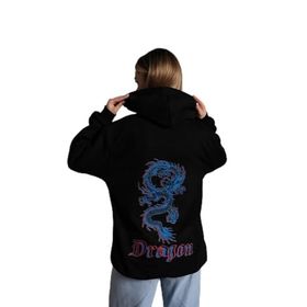 Trendseninle Önü Dragon Yazılı Sırt Dragon Baskılı Siyah Kapüşonlu Oversize Kadın Sweatshirt