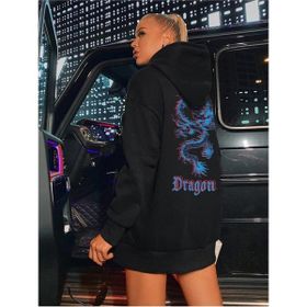 Trendseninle Önü Dragon Yazılı Sırt Dragon Baskılı Siyah Kapüşonlu Oversize Kadın Sweatshirt