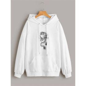 Trendseninle Önü Ejder Baskılı Beyaz Oversize Kapüşonlu Hoodie Kadın Sweatshirt