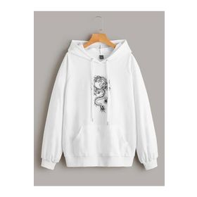 Trendseninle Önü Ejder Baskılı Beyaz Oversize Kapüşonlu Hoodie Kadın Sweatshirt