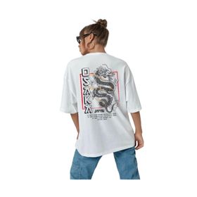 Trendseninle Osaka Baskılı Beyaz Oversize Kadın T-shirt